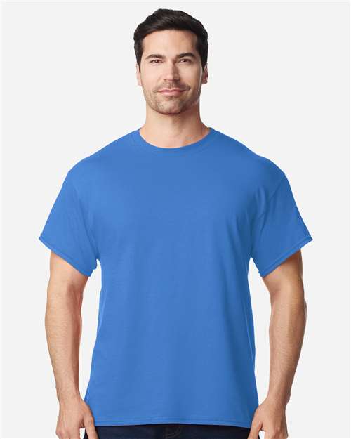 Gildan Heavy Cotton T-shirt in royal blue on a man, crew neck, short sleeves.