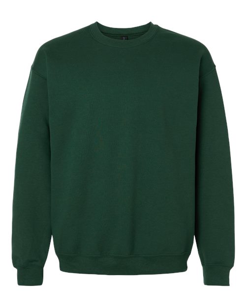 Dark green crewneck sweatshirt with ribbed collar, cuffs, and waistband