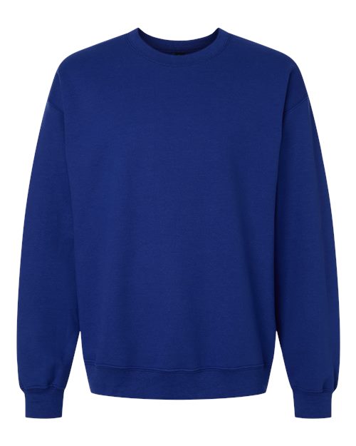Blue crewneck sweatshirt with ribbed crew neck and cuffs.