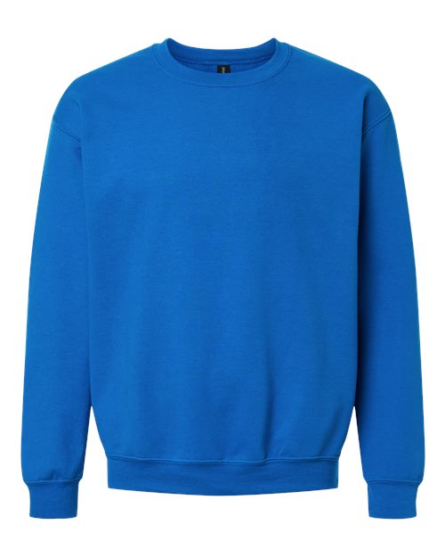Blue crewneck sweatshirt, long sleeves with ribbed cuffs and hem, pullover.