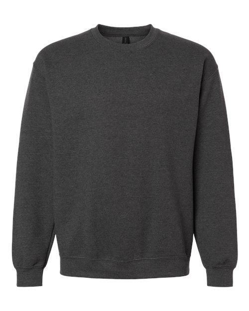 Dark gray crewneck sweatshirt with ribbed collar, cuffs, and hem