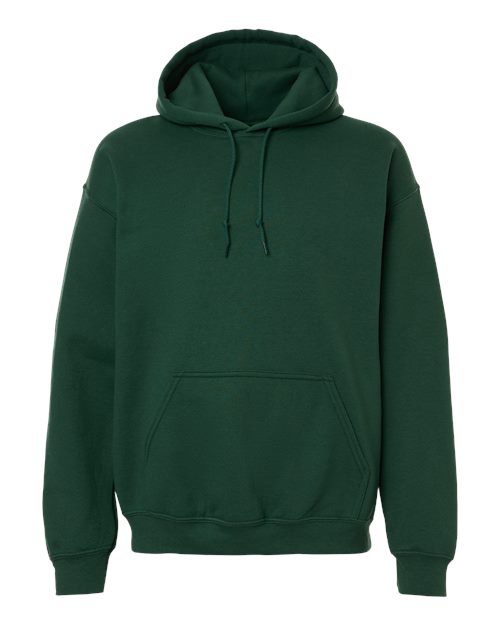 Heavy blend hooded sweatshirt in dark green, front pouch pocket and drawstring hood.