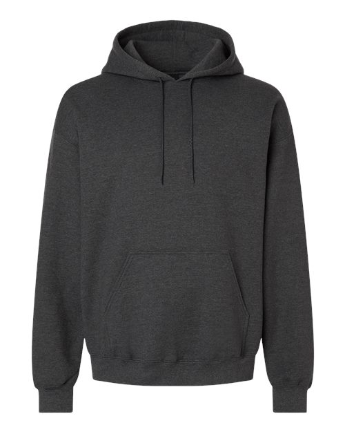 Hooded sweatshirt in dark charcoal gray with front pouch pocket and drawstring hood