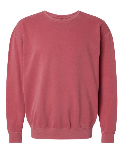 Crimson red crewneck sweatshirt with ribbed cuffs and hem