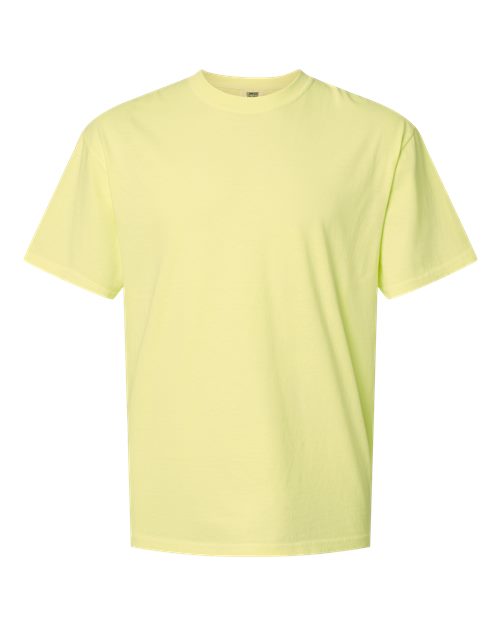 Crewneck T-shirt in pale lime yellow, short sleeves, ribbed crew collar.