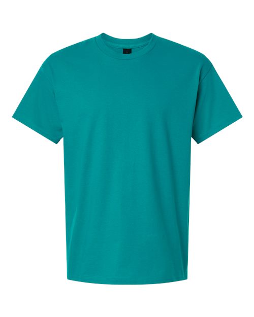 Heavy cotton t-shirt in deep turquoise, short sleeves, crew neck, solid color.