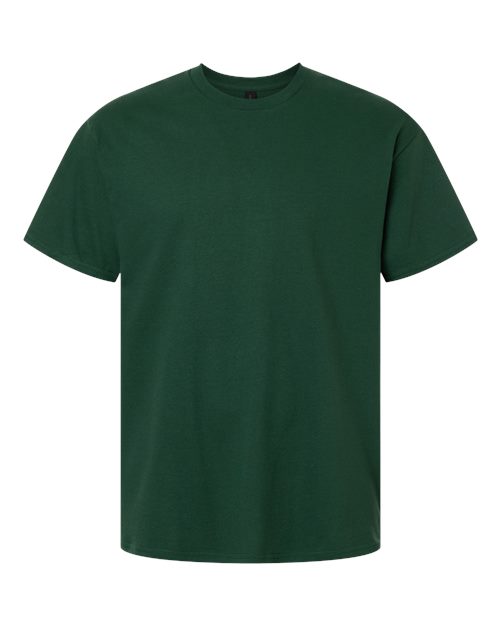 Heavy cotton t-shirt in dark green, short sleeves, crew neck, solid color.