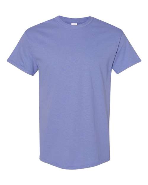 Heavy cotton t-shirt in periwinkle blue, short sleeves, crew neck, solid color.