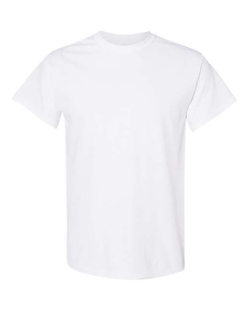 Heavy cotton t-shirt in white, short sleeves, crew neck, solid color.