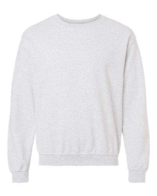 Light gray crewneck sweatshirt with ribbed collar, cuffs, and waistband