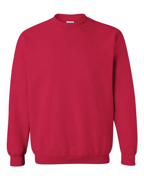 Red crewneck sweatshirt with ribbed collar, cuffs, and waistband