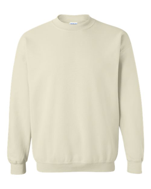 Light beige crewneck sweatshirt with ribbed collar, cuffs, and hem