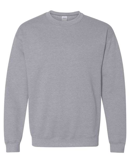 Heather gray crewneck sweatshirt with ribbed collar, cuffs, and hem