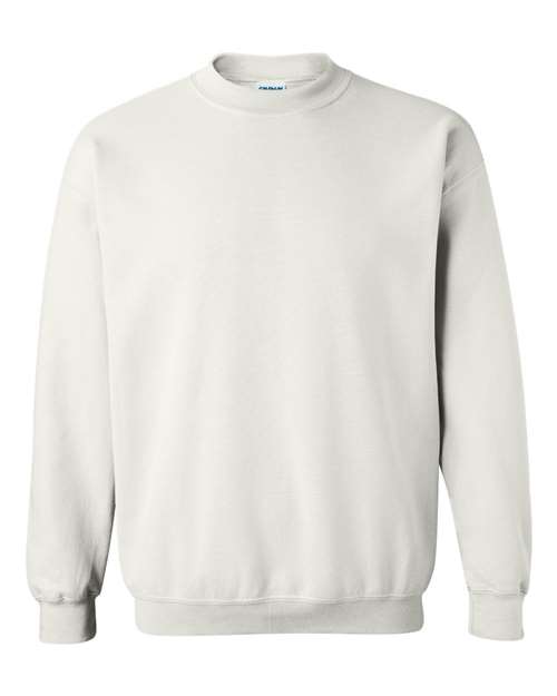 White crewneck sweatshirt with ribbed collar, cuffs, and hem
