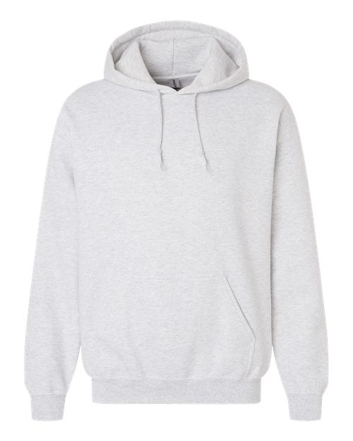 Light gray hooded sweatshirt with front kangaroo pocket and drawstring hood
