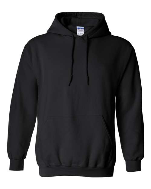 Black hooded sweatshirt with front kangaroo pocket and drawstring hood