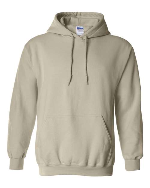 Heavy blend hooded sweatshirt, light heather neutral, front pouch pocket and drawstrings.