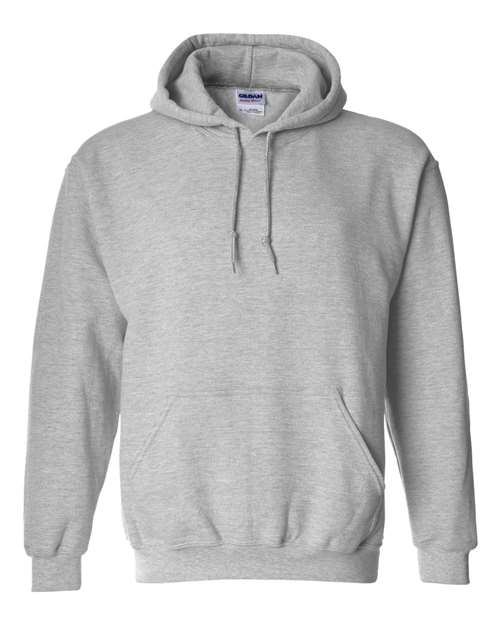 Heavy blend hooded sweatshirt, heather gray, with front pouch pocket and drawstring hood.