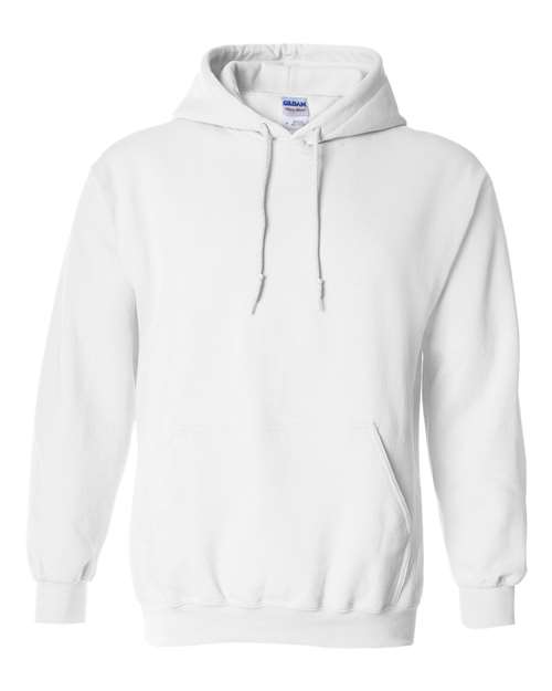 White hooded sweatshirt with front kangaroo pocket and drawstring hood