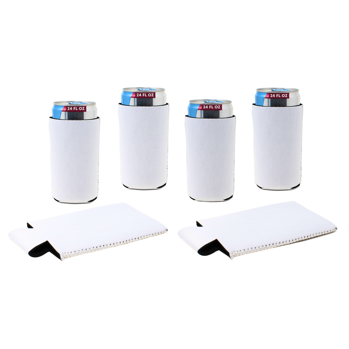 White 24 oz neoprene tallboy can coolers with lid opening and matching carry sleeve