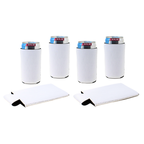 White 24 oz neoprene tallboy can coolers with lid opening and matching carry sleeve