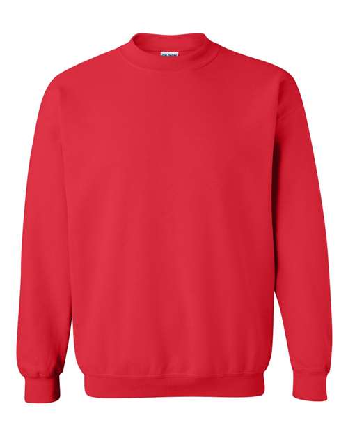 Red crewneck sweatshirt with ribbed collar, cuffs, and hem