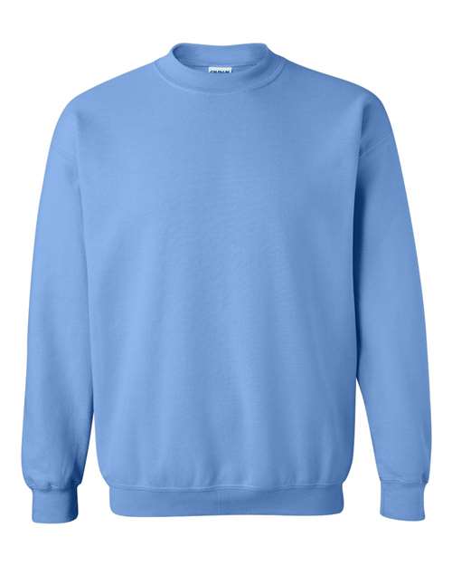 Light blue crewneck sweatshirt with ribbed collar, cuffs, and waistband
