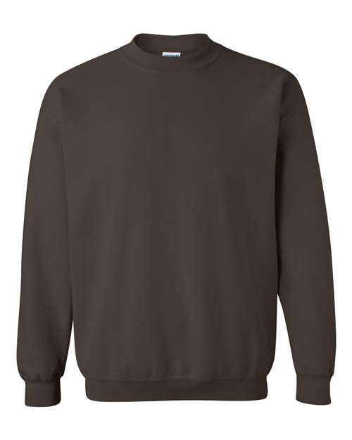 Dark brown crewneck sweatshirt with ribbed collar, cuffs, and waistband