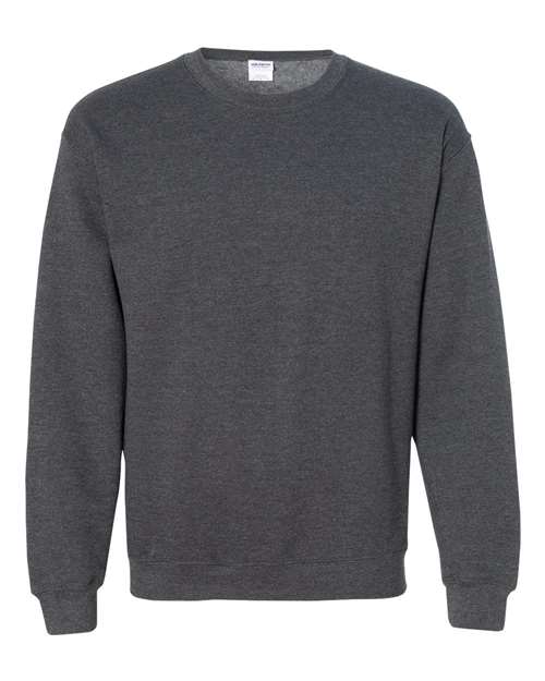 Charcoal heather crewneck sweatshirt with ribbed collar, cuffs, and waistband