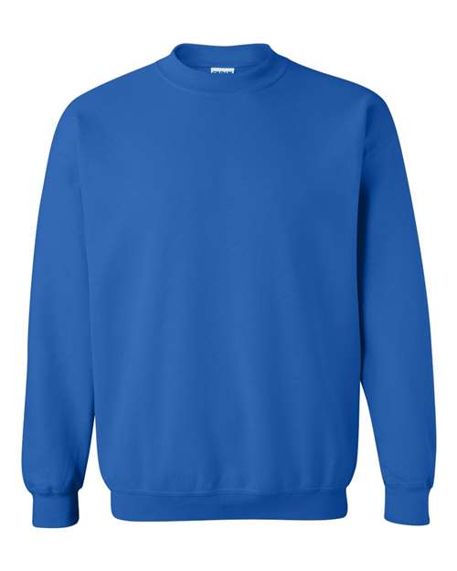 Blue crewneck sweatshirt with ribbed collar, cuffs, and hem
