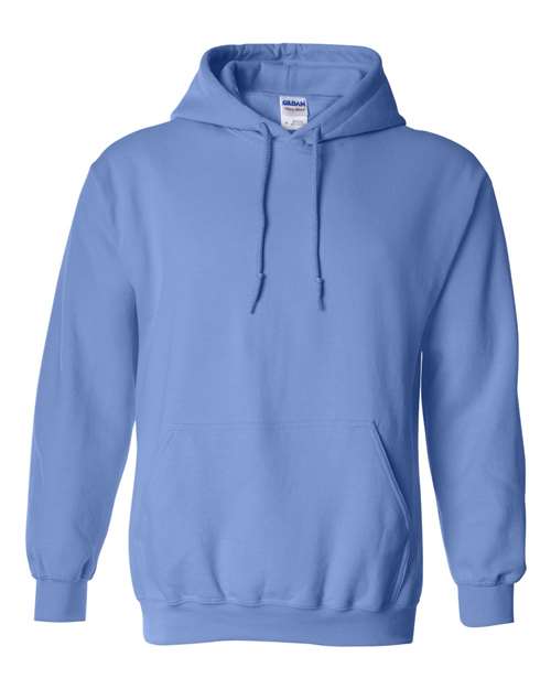 Light blue hooded sweatshirt with front kangaroo pocket and drawstring hood