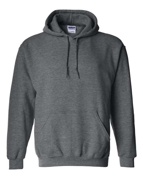 Hooded sweatshirt in heather gray with front pouch pocket and drawstring hood