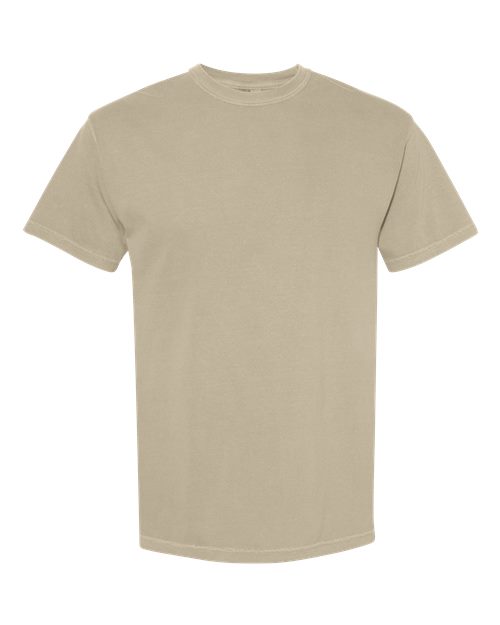 Beige heavyweight crew-neck T-shirt with short sleeves, plain front.
