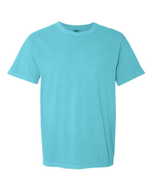 Light blue heavyweight crew-neck T-shirt with short sleeves, plain front.