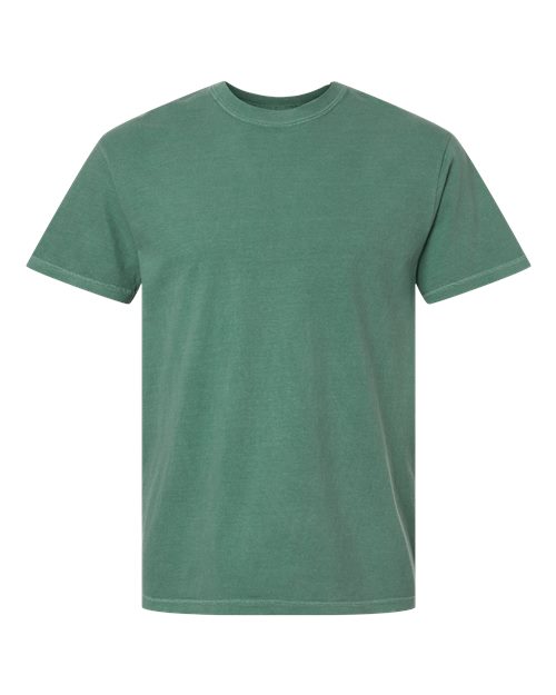 Dark green heavyweight crew-neck T-shirt with short sleeves, plain front.