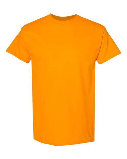 Heavy cotton t-shirt in bright orange, short sleeves, crew neck, solid color.