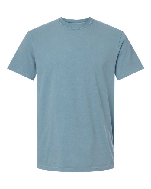 Light blue heavyweight crew-neck T-shirt with short sleeves, plain front.