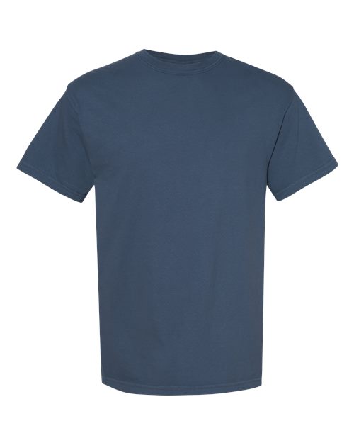 Navy blue heavyweight crew-neck T-shirt with short sleeves, plain front.