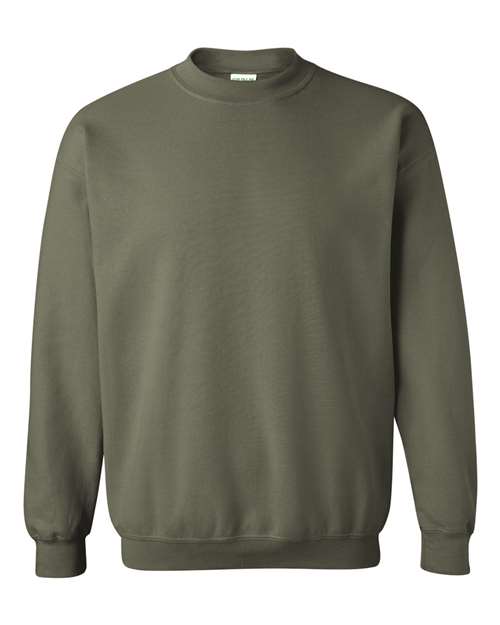 Crewneck sweatshirt in olive green with ribbed collar, cuffs, and hem.