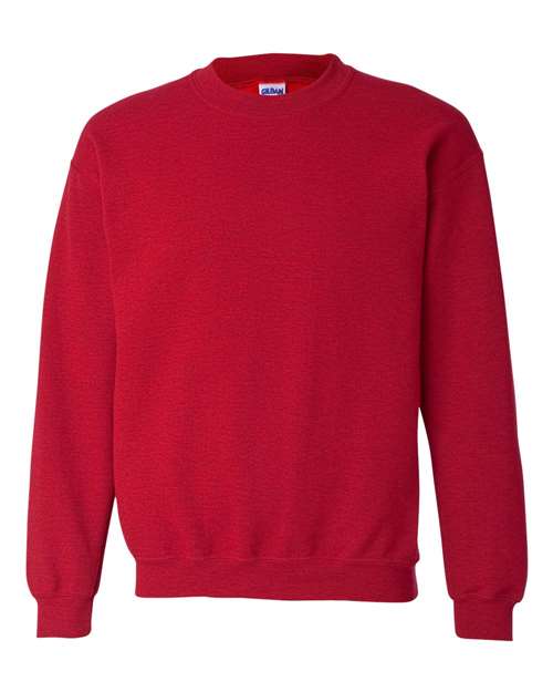 Red heather crewneck sweatshirt with ribbed collar, cuffs, and waistband