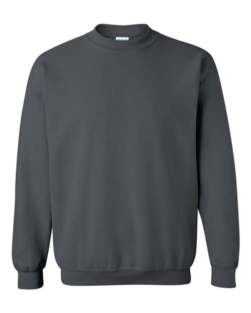 Dark gray crewneck sweatshirt with ribbed collar, cuffs, and waistband