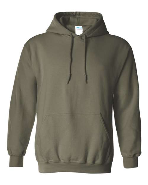 Olive green pullover hoodie sweatshirt with drawstring hood and front pouch pocket