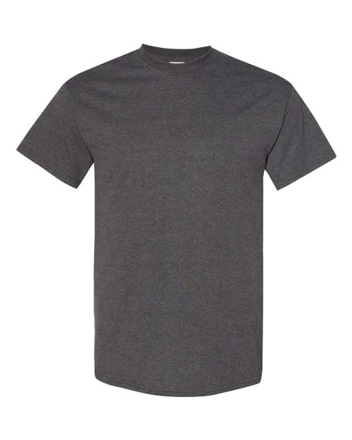 Heavy cotton t-shirt in charcoal gray, short sleeves, crew neck, solid color.