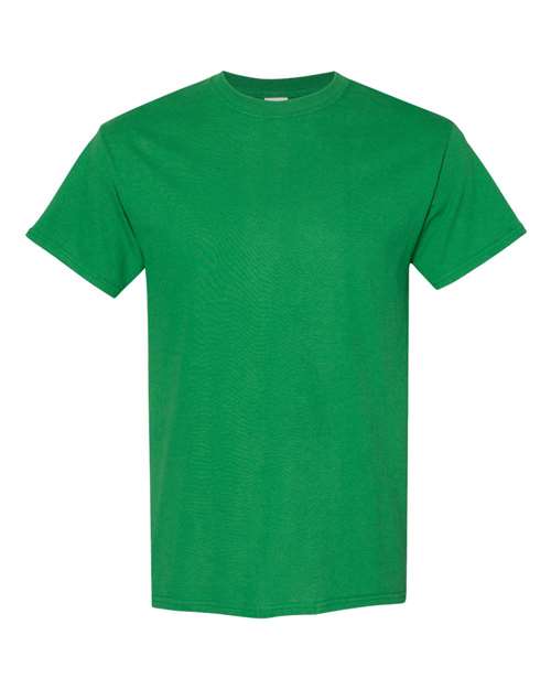 Heavy cotton t-shirt in forest green, short sleeves, crew neck, solid color.