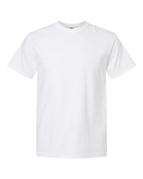 White heavyweight crew-neck T-shirt with short sleeves, plain front