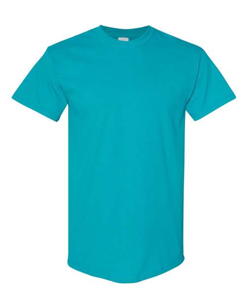 Heavy cotton t-shirt in teal blue, short sleeves, crew neck, solid color.