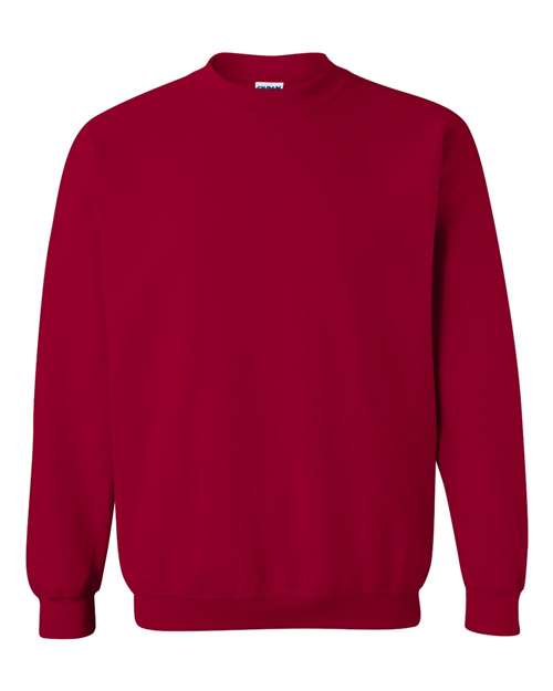 Deep red crewneck sweatshirt with ribbed collar, cuffs, and waistband