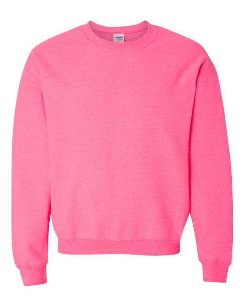 Pink crewneck sweatshirt with ribbed collar, cuffs, and hem
