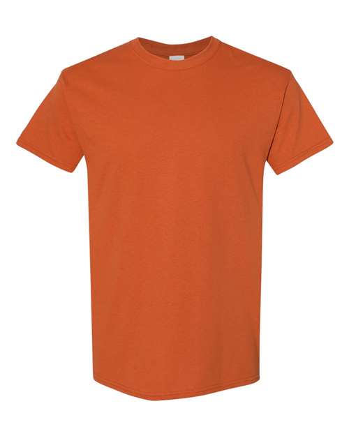 Heavy cotton t-shirt in rust orange, short sleeves, crew neck, solid color.