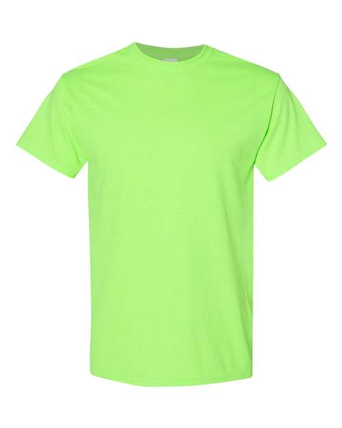 Neon green short-sleeve crewneck T-shirt with plain front and crew neckline